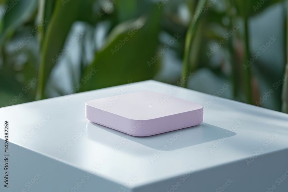Poster A violet square app icon with rounded edges sits on a glossy white surface, showcasing a modern design with a subtle shadow and ample copy space for digital displays