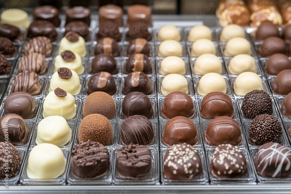 Poster Chocolate truffles displayed neatly in a confectionery shop showcasing rich textures and varieties