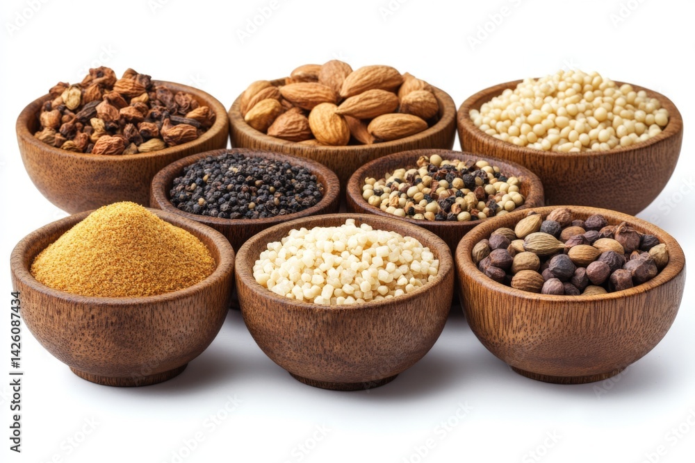Poster collection of various spices and nuts displayed in wooden bowls on a white background