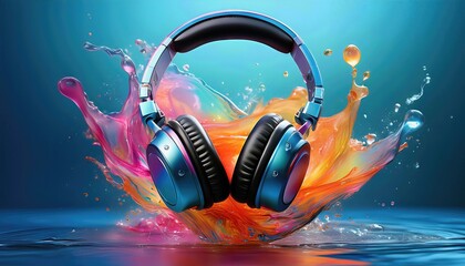 Vibrant Colorful Ink Drop Headphones in a Water Background A Whimsical Exploration of Sound and Artistry, Evoking Emotion with its Striking Hues and Textures.