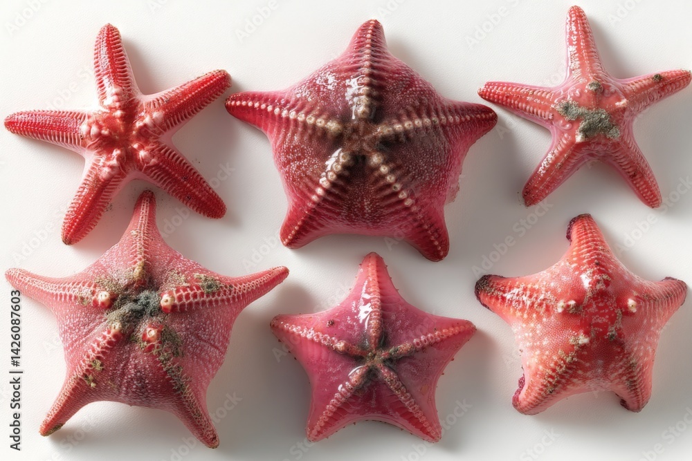 Poster Colorful starfish arranged on a flat surface showcasing their unique textures and patterns in daylight