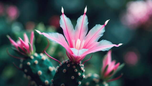Pink Christmas cactus blooming amidst green foliage in a vibrant garden