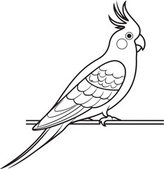 Clean black and white outline of a cockatiel bird shown from the side with detailed feathers long tail and simple lines for an elegant minimal look