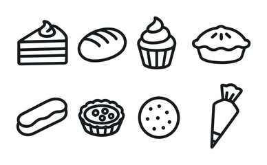 Bakery icon set: flat linear style featuring cake, bread, cupcake, pie, eclair, tart, cookie, pastry bag