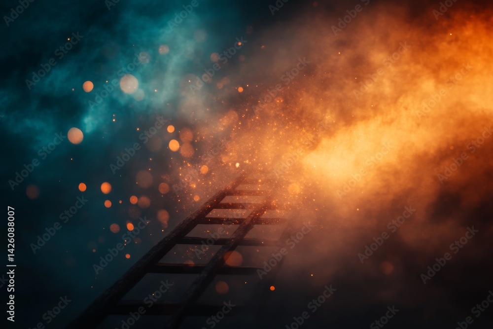 Aufkleber a glowing ladder stretches upwards into vibrant clouds, illuminated by golden light, symbolizing a j