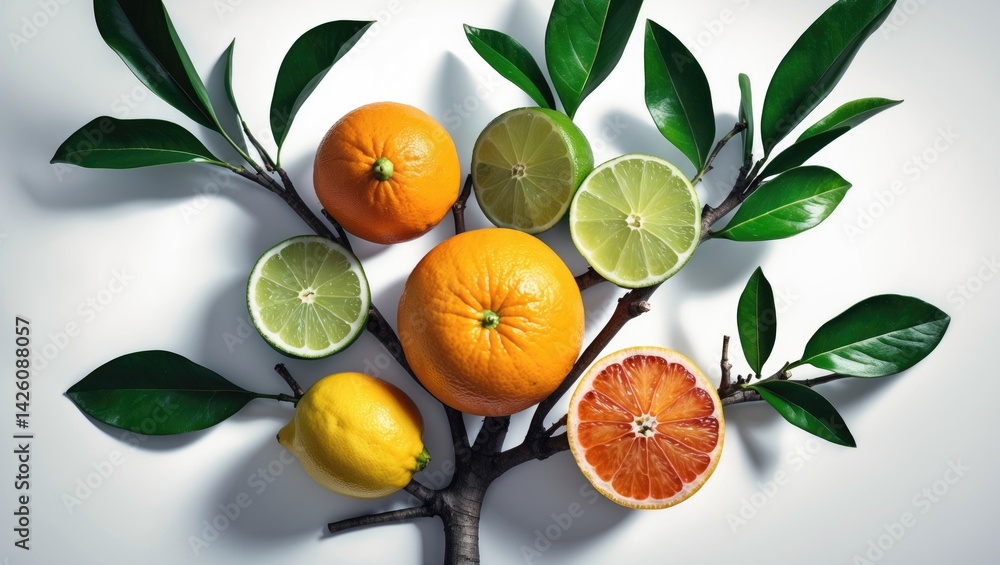 Poster aerial perspective of a citrus tree branch with fruits on a white background