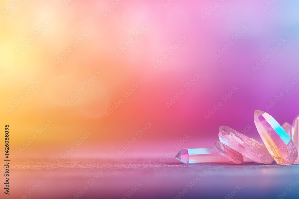 Leinwandbilder Clear quartz crystals arranged artistically on a soft velvet surface create a calming visual, refracting rainbow light against a tranquil backdrop