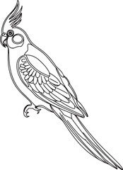 Minimalist outline of a cockatiel bird in black and white featuring a crested head long tail and detailed wing patterns drawn in clean modern style
