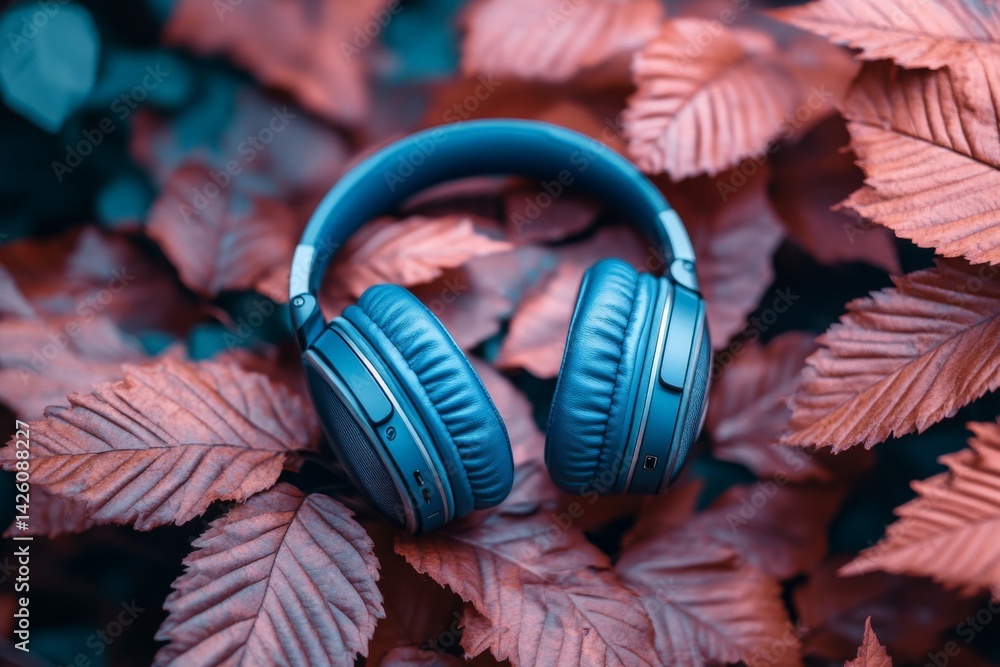 Poster headphones resting among autumn leaves showcasing a blend of technology and nature in a serene setti