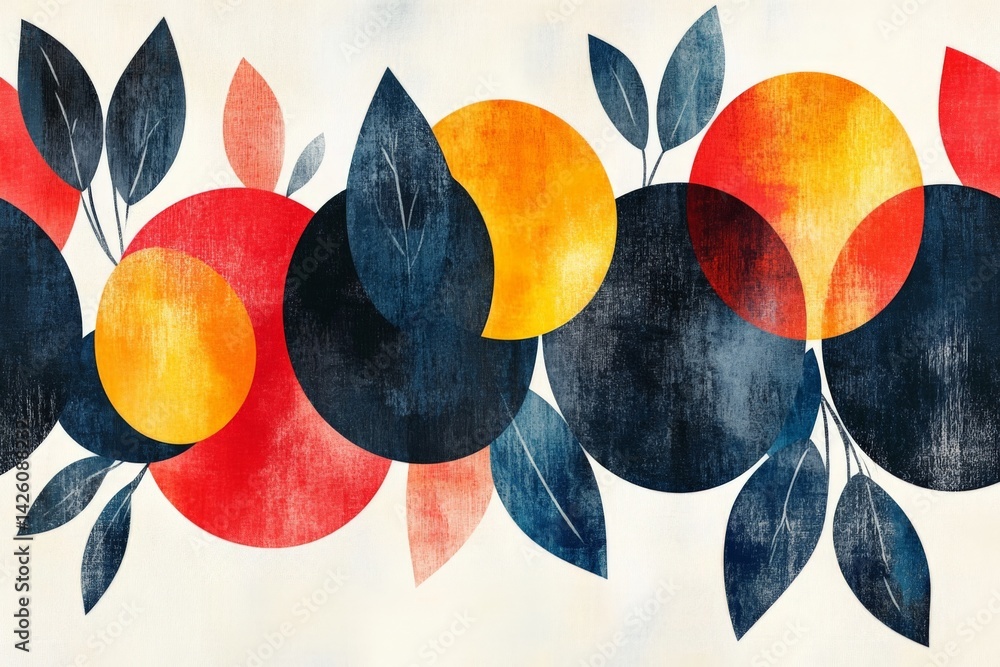 Poster colorful abstract fruit design featuring vibrant circles and leaves arranged artistically on a textu
