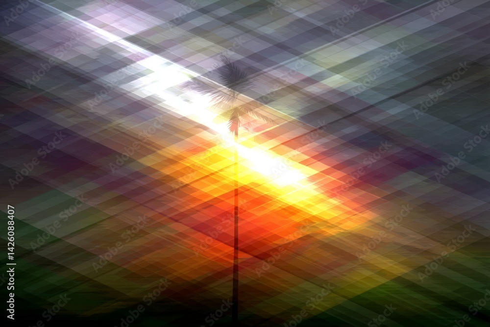 Poster vibrant sunset casting shadows of a palm tree against a colorful sky in tropical setting