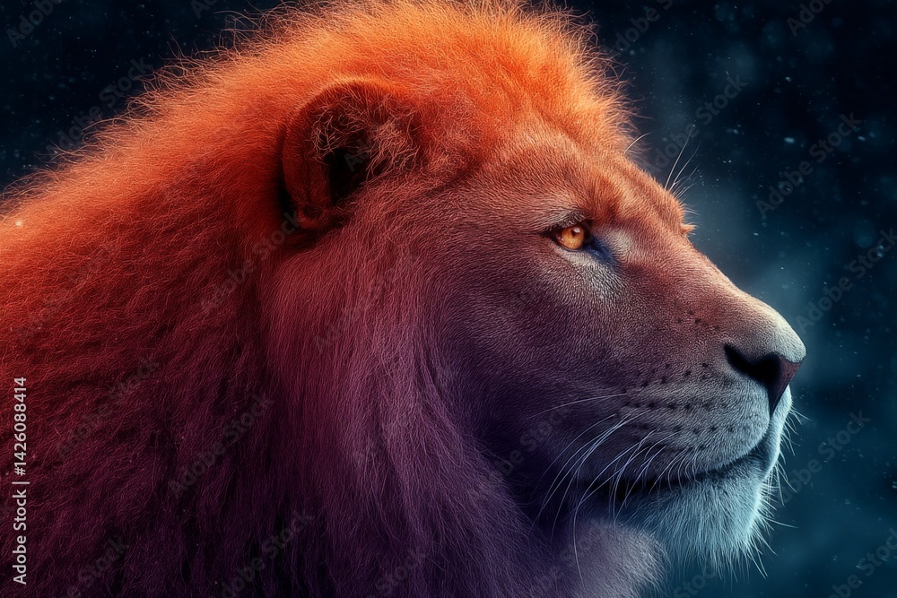 Aufkleber majestic lion gazing into the distance under a colorful twilight sky in a serene natural setting