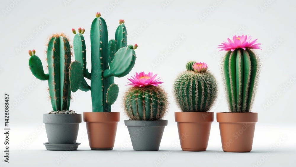 Poster assorted potted cacti on a white background