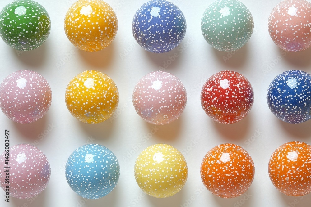 Poster Colorful decorative balls arranged in a grid showcasing a variety of patterns and hues on a white background