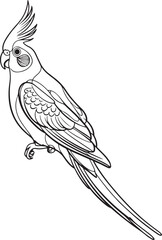 Side view illustration of a cockatiel in black and white line art showing crested head long tail and minimal clean detailing suitable for decorative design