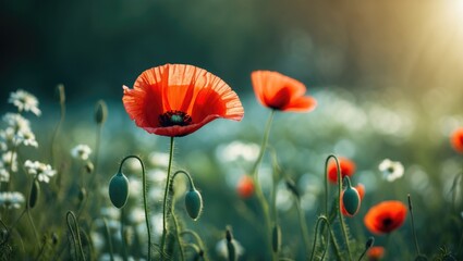 Obraz premium Wildflowers and Poppies Blooming in the Open Air
