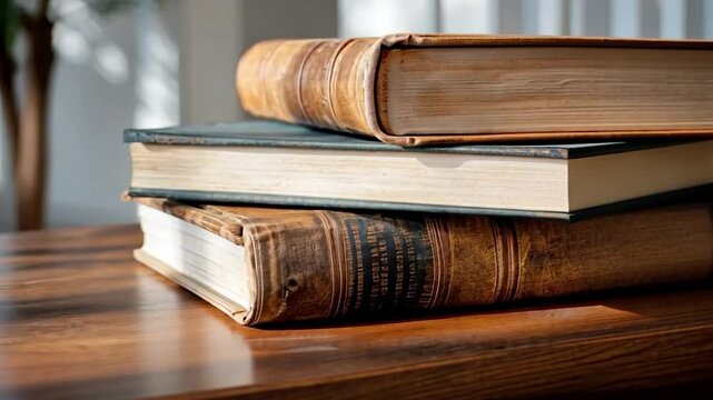 Close-Up Shot of Stacked Antique Books on Wooden Surface with Natural Lighting and Shadow Play