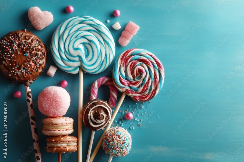 Poster colorful candies and lollipops arranged on a bright blue surface create a fun and festive dessert di