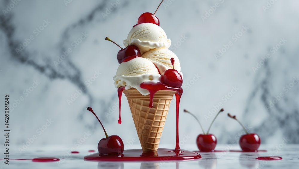 Aufkleber creamy vanilla ice cream scoop in a waffle cone topped with cherries and syrup on a white background