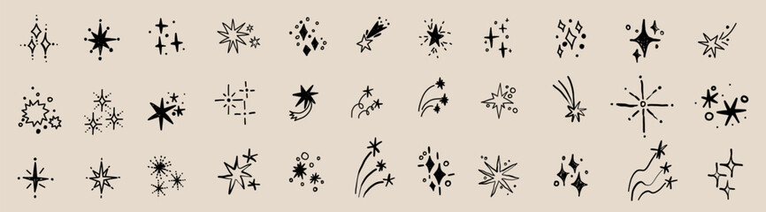 Star hand drawn doodle sketch set in line simple style. Vector magic sparkle twinkle glitter elements for design.