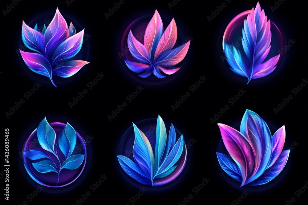 Poster colorful abstract leaf designs with vibrant gradients on a dark background