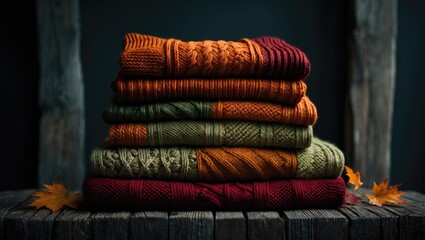 Stack of knitted sweaters in autumn hues showcasing various knitting patterns