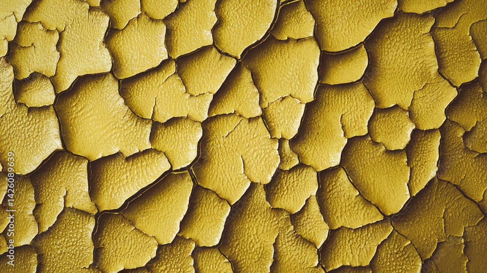 Aufkleber close-up of yellow cracked texture surface, showing irregular polygonal shapes, creating a rough and