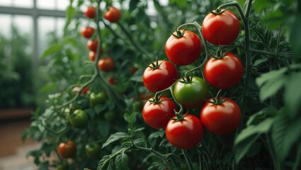 Red and green tomatoes on plant branches in a lush greenhouse