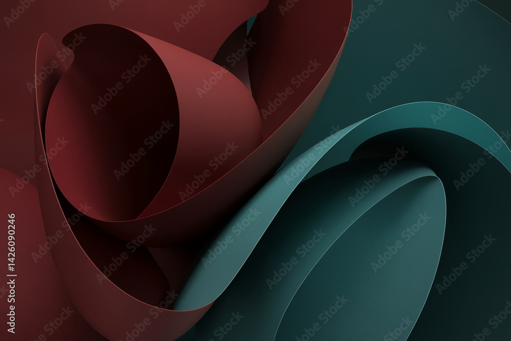 Poster Abstract image of curved maroon and teal paper shapes creating a dynamic composition, showcasing design and texture, ideal for background or presentation