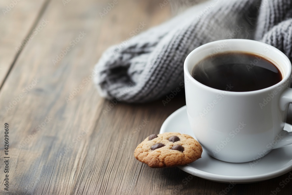 Poster a steaming cup of coffee sits next to a partially knitted scarf and a plate of cookies on a rustic w