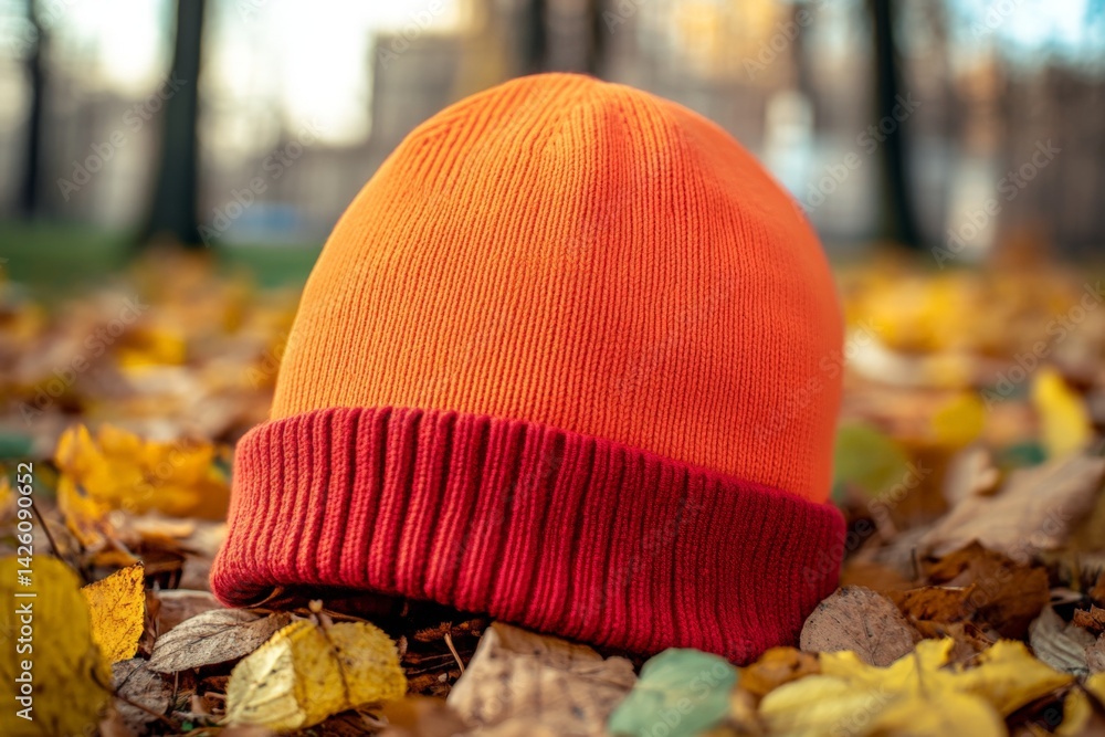 Poster bright orange beanie resting on autumn leaves in a tranquil park setting during a sunny afternoon
