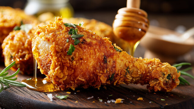 Crispy fried chicken drumstick drizzled with honey on a wooden board, delicious comfort food