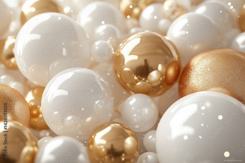 Poster shiny golden and white spheres scattered across a reflective surface creating a stylish and elegant 