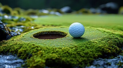 Golf ball rests in a mossy green hole.