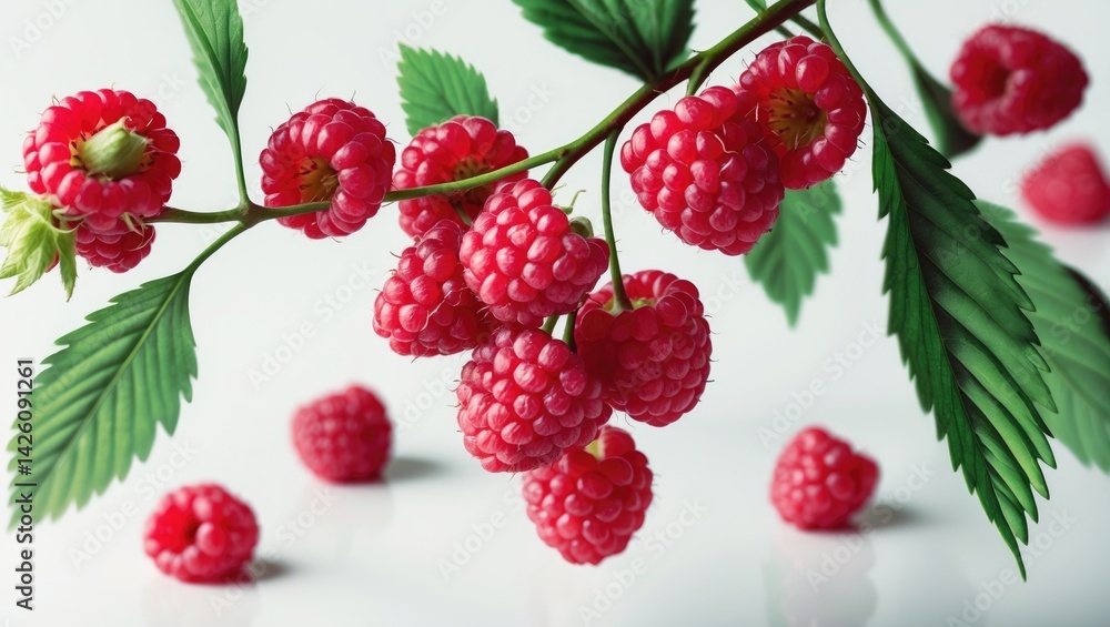 Poster isolated raspberry branch with leaves on a white background