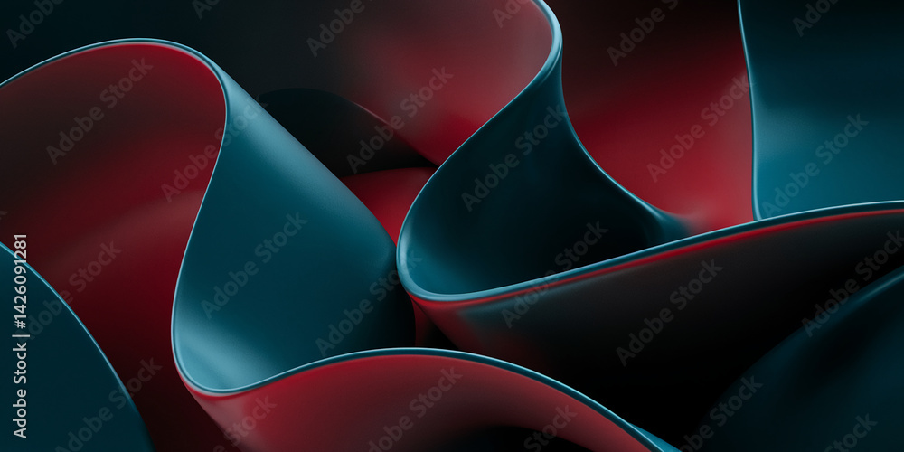 Poster Abstract image of teal and crimson flowing shapes creating a dynamic and elegant design, showcasing a modern and sophisticated aesthetic, ideal for background or design projects