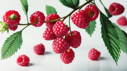 Isolated raspberry branch with leaves on a white background