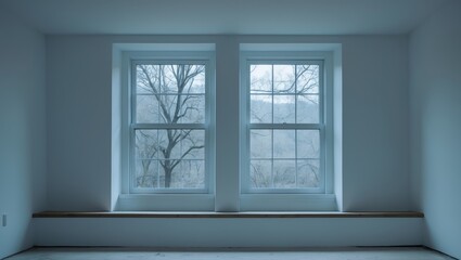Fototapeta premium Interior view of an empty basement looking up at two windows with branches outside, featuring a white interior and a tree in the background
