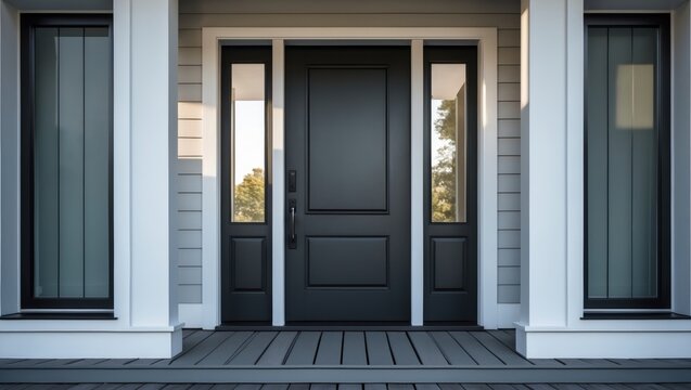 Urban residential scene featuring a modern farmhouse black front door with architectural details