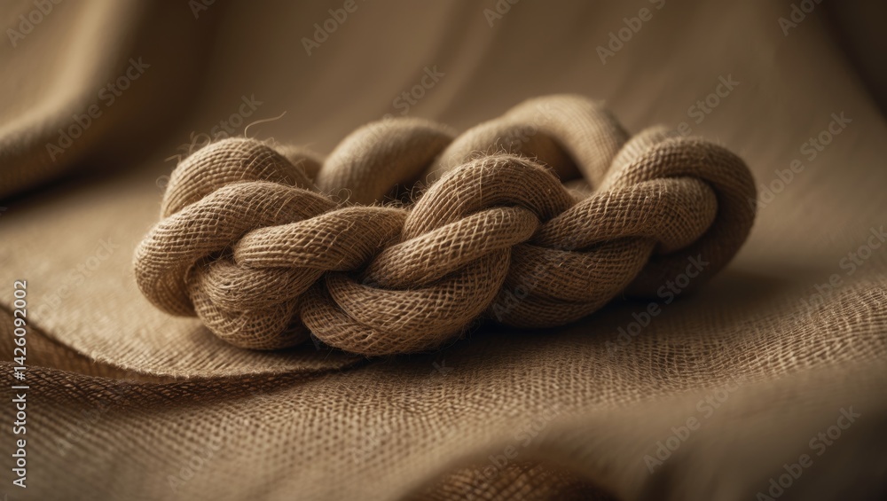Poster close-up of tightly twisted burlap fabric with textured background