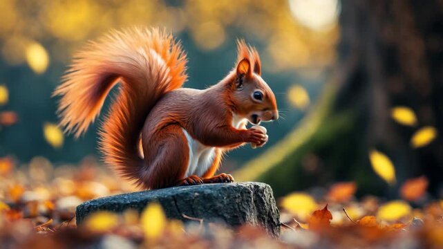 Adorable red squirrel with fluffy tail perched on a tree stump munching on seeds.