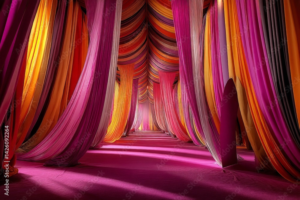 Poster Colorful silk drapes create a vibrant atmosphere in a large indoor space during a festive event