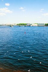 Saint Petersburg, Russia. View to the water area of the Neva river and Trinity bridge from height. Travel landscape of St Petersburg, Russia