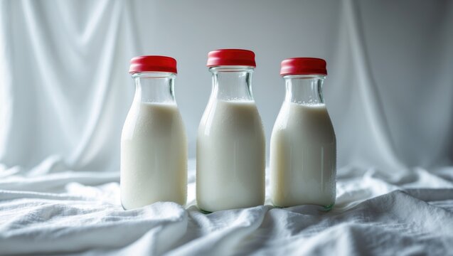 Three unopened milk bottles with caps on a white background