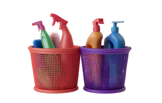 Striking, colorful cleaning supplies in two baskets, isolated on a transparent background