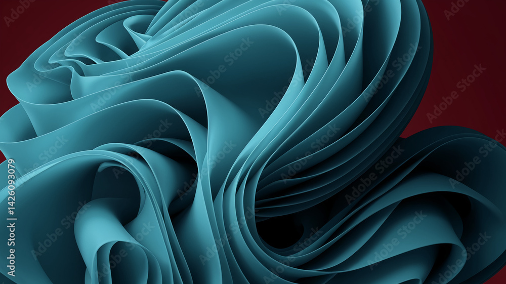 Poster teal abstract form, smooth curves and folds create a dynamic, flowing design, suggesting movement an