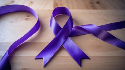Purple ribbon awareness on wooden background with copy space symbolizing support for elder abuse and health issues