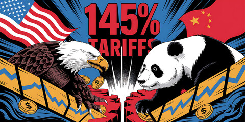 Fototapeta premium Eagle and panda face off amidst flags and financial charts symbolizing a tense economic trade relationship.