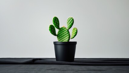 Black pot with rabbit ear cactus isolated against white background