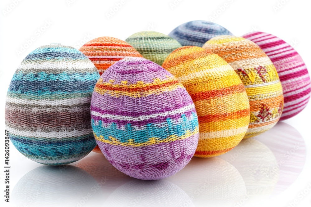 Poster Colorful knitted Easter eggs displayed on a reflective surface, showcasing intricate patterns and vibrant hues for festive decoration